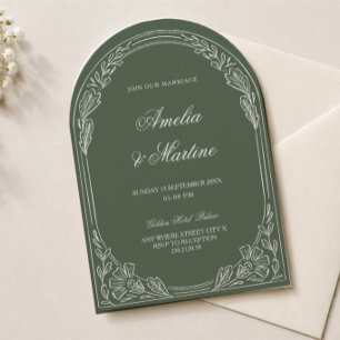 chic old money green olive arch wedding invitation