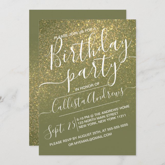 Chic Olive Green Sparkly Glitter Ombre Birthday Invitation (Front/Back)