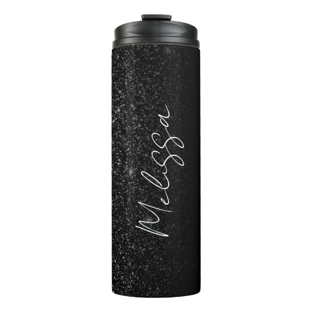 Chic Ombre Black Glitter Signature Script Name Thermal Tumbler (Front)