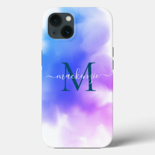 Chic Ombre Blue Pink Watercolor Monogrammed iPhone 13 Case