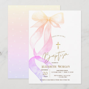 Chic Ombre Bow Gold Cross Baptism Invitation