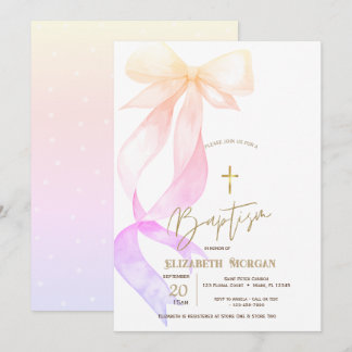Chic Ombre Bow Gold Cross Baptism Invitation