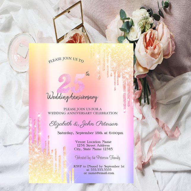 Chic Ombre Glitter Drips 25th Wedding Anniversary Invitation (Creator Uploaded)