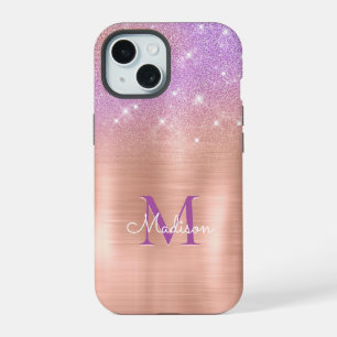 Chic ombre pink rose blush glitter monogram iPhone 15 case