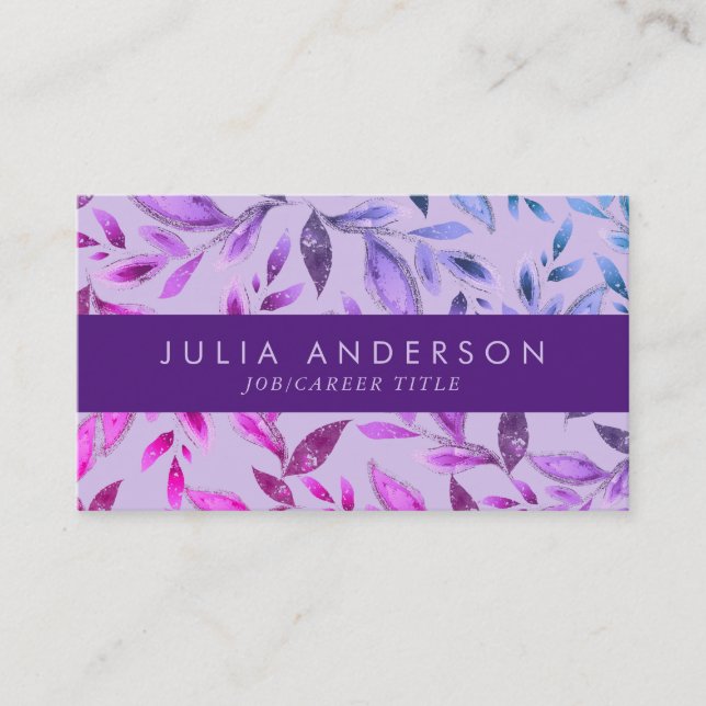 Chic Ombre Purple Violet Botanical Leaves Pattern Business Card (Front)