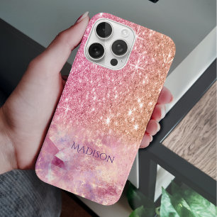 Chic ombre rose blush pink glitter monogram iPhone 16 pro case