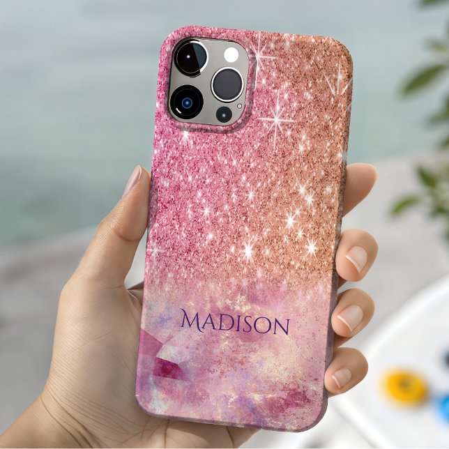 Chic ombre rose blush pink glitter monogram Case-Mate iPhone case (Creator Uploaded)