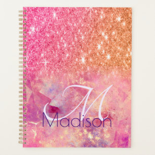 Chic ombre rose blush pink glitter monogram planner