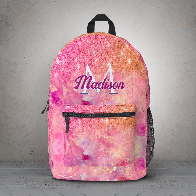 Chic ombre rose blush pink glitter monogram printed backpack (Creator Uploaded)