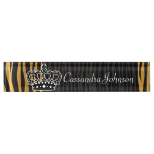 Chic orange and black tiger print and crown nameplate