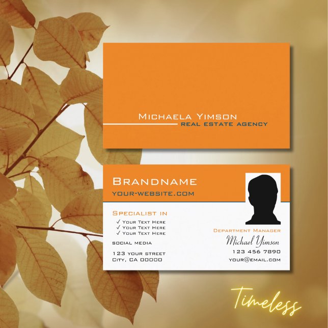 Chic Orange and White with Photo Professional Business Card (Creator Uploaded)