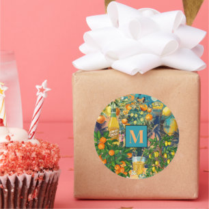 Chic orange blue turquoise sicilian citrus collage classic round sticker