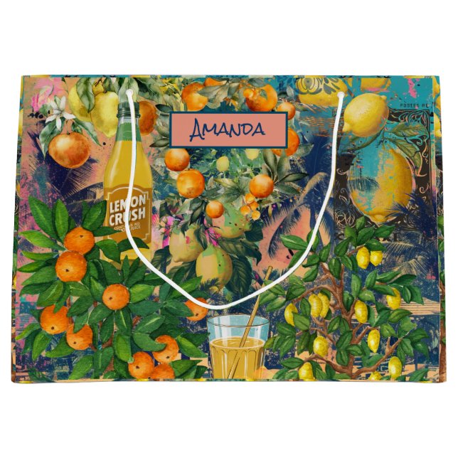 Chic orange blue turquoise sicilian citrus collage large gift bag (Front)