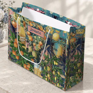 Chic orange blue turquoise sicilian citrus collage large gift bag