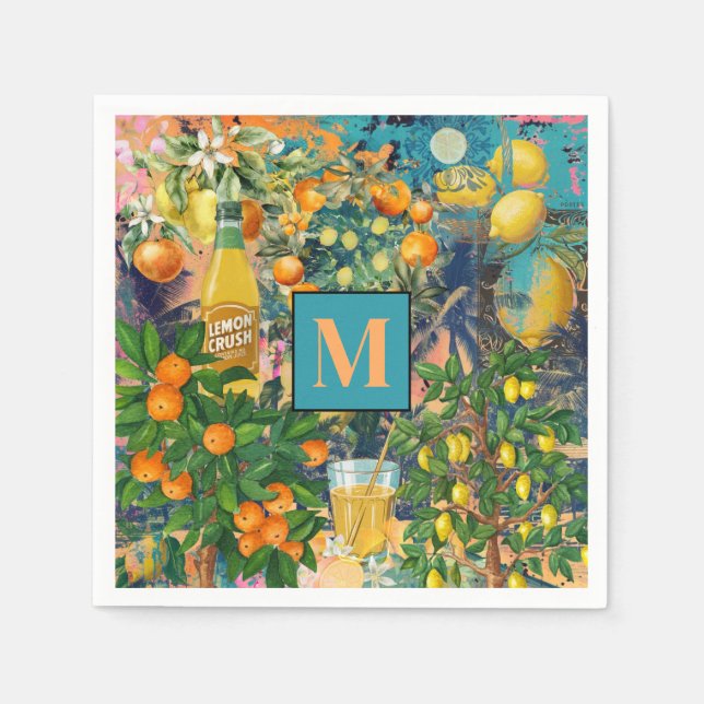 Chic orange blue turquoise sicilian citrus collage napkin (Front)