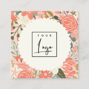 Chic Orange Blush Pink Green  Ambrosia Floral Logo Square Business Card
