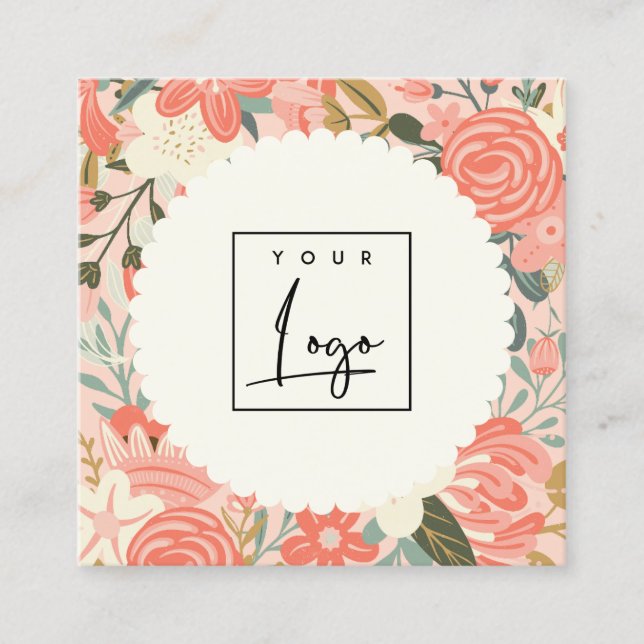 Chic Orange Blush Pink Green  Ambrosia Floral Logo Square Business Card (Front)