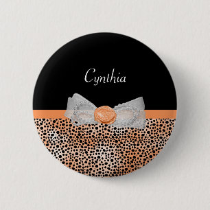 Chic Orange Cheetah Print Cute Rose Bow and Name 6 Cm Round Badge