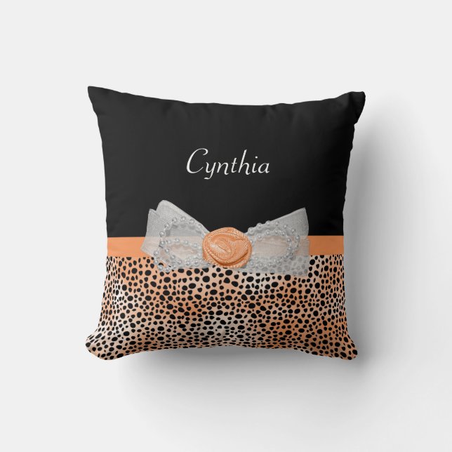 Chic Orange Cheetah Print Cute Rose Bow and Name Cushion (Front)