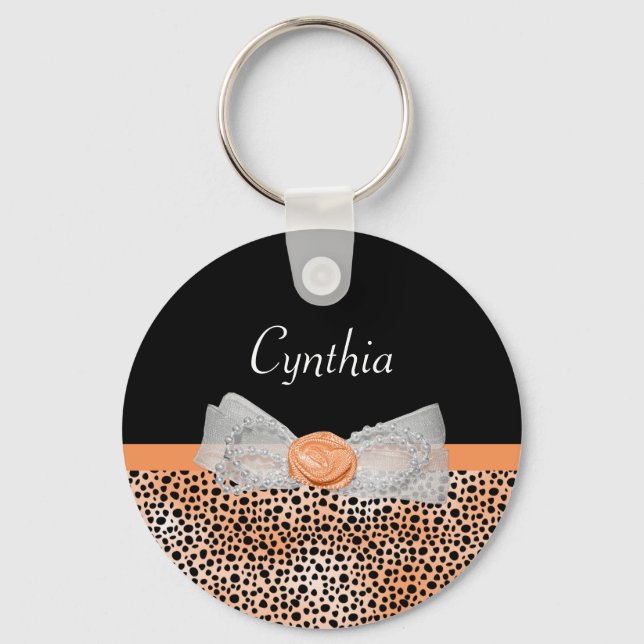 Chic Orange Cheetah Print Cute Rose Bow and Name Key Ring (Front)