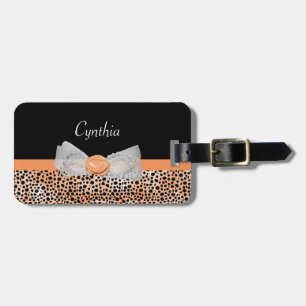 Chic Orange Cheetah Print Cute Rose Bow and Name Luggage Tag
