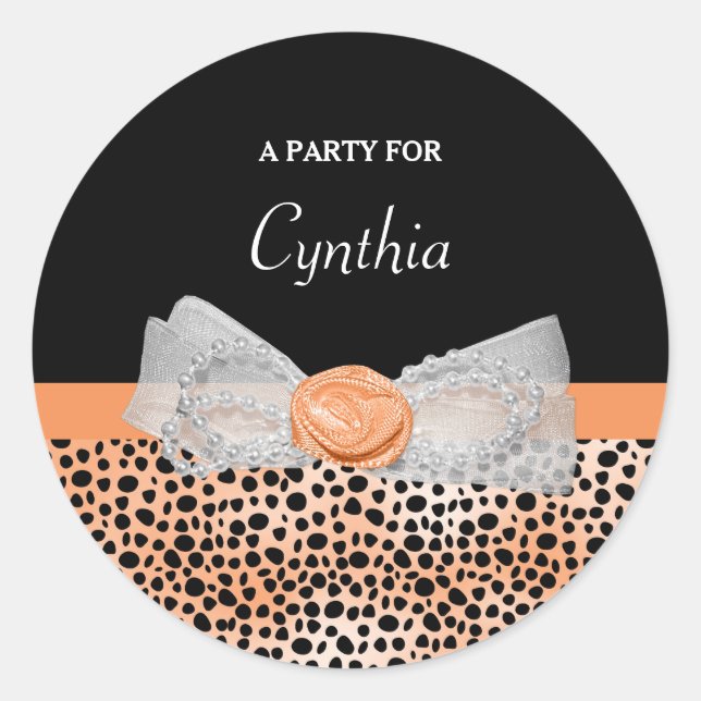 Chic Orange Cheetah Print Cute Rose Bow Party Name Classic Round Sticker (Front)