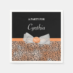 Chic Orange Cheetah Print Cute Rose Bow Party Name Napkin