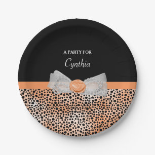 Chic Orange Cheetah Print Cute Rose Bow Party Name Paper Plate