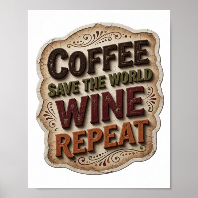 Chic Orange COFFEE SAVE THE WORLD WINE REPEAT Poster (Front)