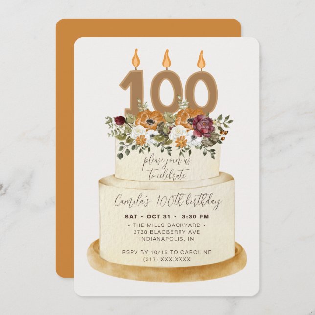 Chic Orange Fall Autumn 100th Birthday Cake Invitation (Front/Back)
