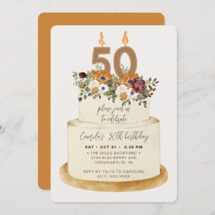 Chic Orange Fall Autumn 50th Birthday Cake Invitation