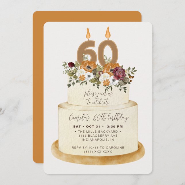 Chic Orange Fall Autumn 60th Birthday Cake Invitation (Front/Back)