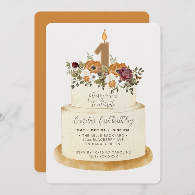 Chic Orange Fall Autumn First Birthday Cake Invitation (Front/Back)