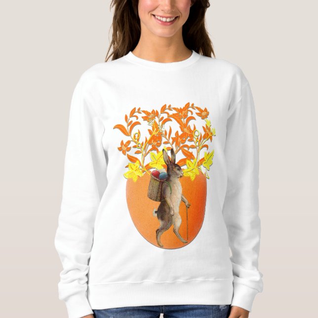 Chic Orange Flowers Floral Easter Bunny Rabbit Egg Sweatshirt (Front)