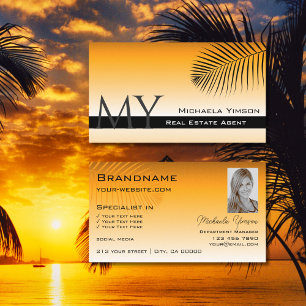 Chic Orange Gradient Palm Leaf Monogram and Photo Business Card