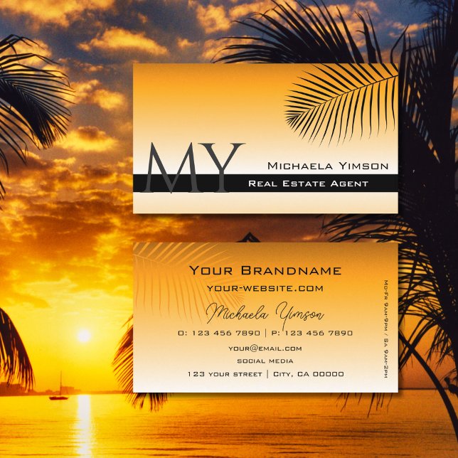 Chic Orange Gradient Palm Leaf Monogram Simple Business Card (Creator Uploaded)