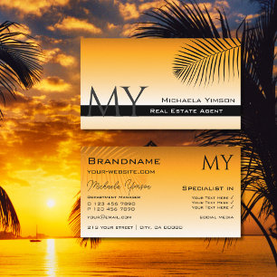 Chic Orange Gradient Palm Leaf with Monogram Business Card
