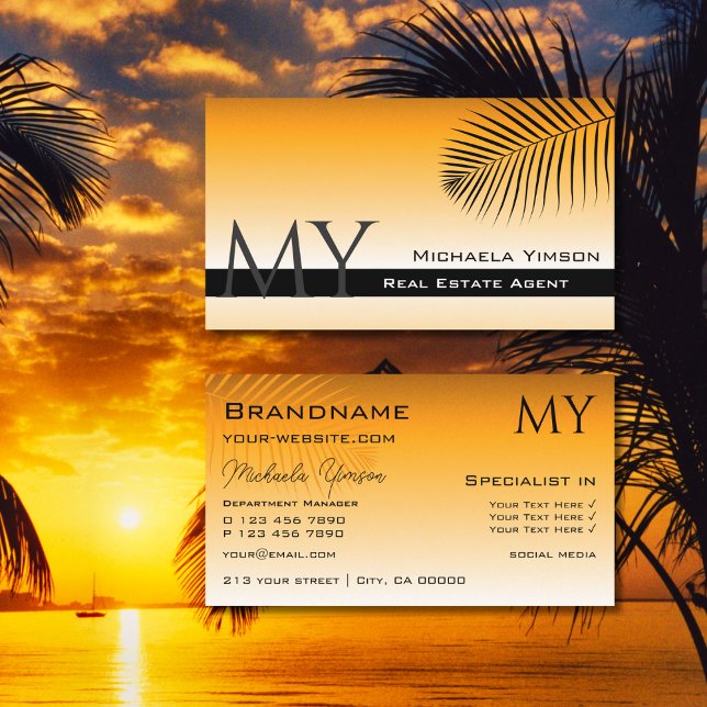 Chic Orange Gradient Palm Leaf with Monogram Business Card (Creator Uploaded)