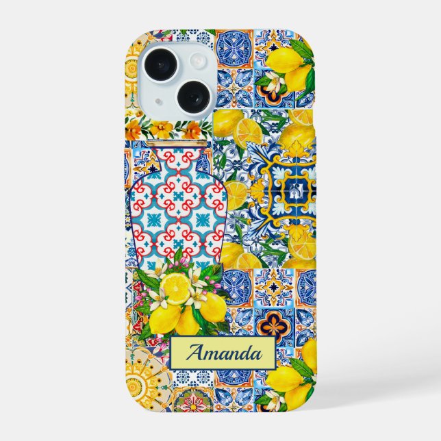 Chic Orange Mediterranean Ceramic Tile Vase iPhone 15 Case (Back)
