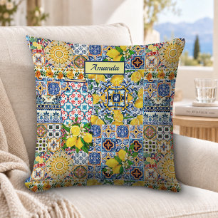 Chic Orange Mediterranean Tile Monogram Cushion