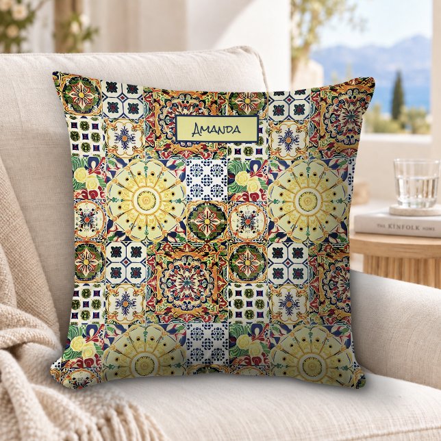 Chic Orange Mediterranean Tile Monogram Cushion (Creator Uploaded)