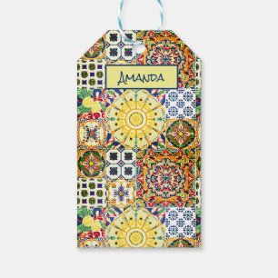 Chic Orange Mediterranean Tile Monogram Gift Tags