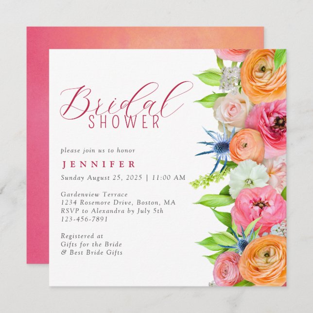 Chic Orange Pink Floral Border Bridal Shower Invit Invitation (Front/Back)