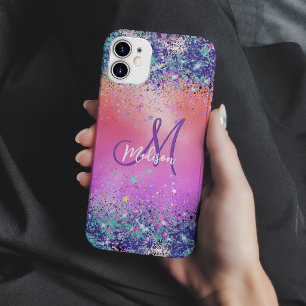 Chic orange pink iridescent faux glitter monogram Case-Mate iPhone case