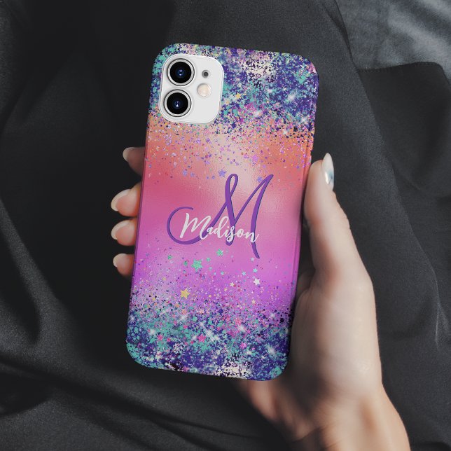 Chic orange pink iridescent faux glitter monogram Case-Mate iPhone case (Creator Uploaded)