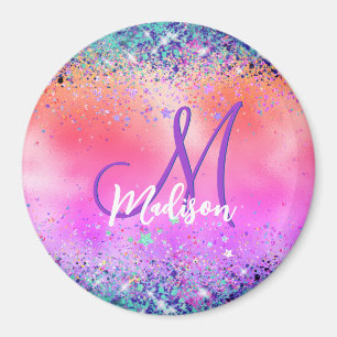 Chic orange pink iridescent faux glitter monogram magnet