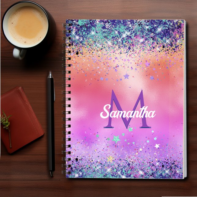 Chic orange pink iridescent faux glitter monogram notebook (Creator Uploaded)