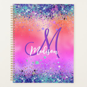 Chic orange pink iridescent faux glitter monogram planner