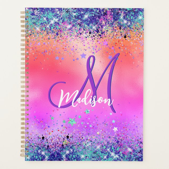 Chic orange pink iridescent faux glitter monogram planner (Front)