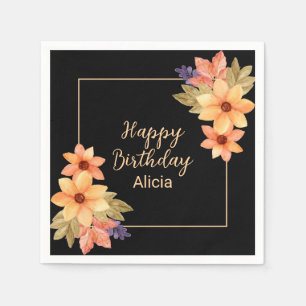 Chic Orange Red Fall Flora Black Birthday Napkin